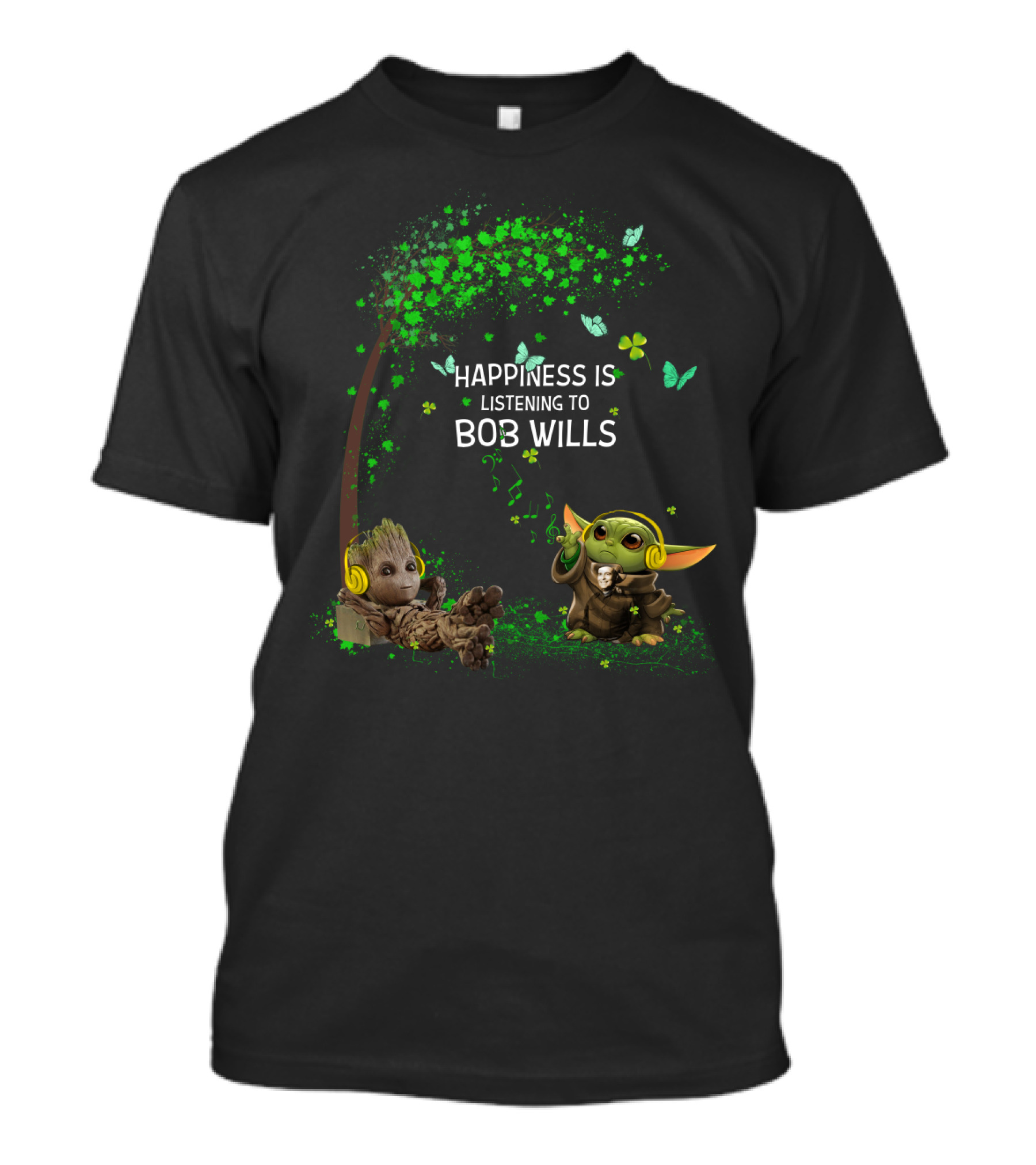Happiness Is Listening To Bob Wills With Cute Characters Under Tree And Flowers T-Shirt