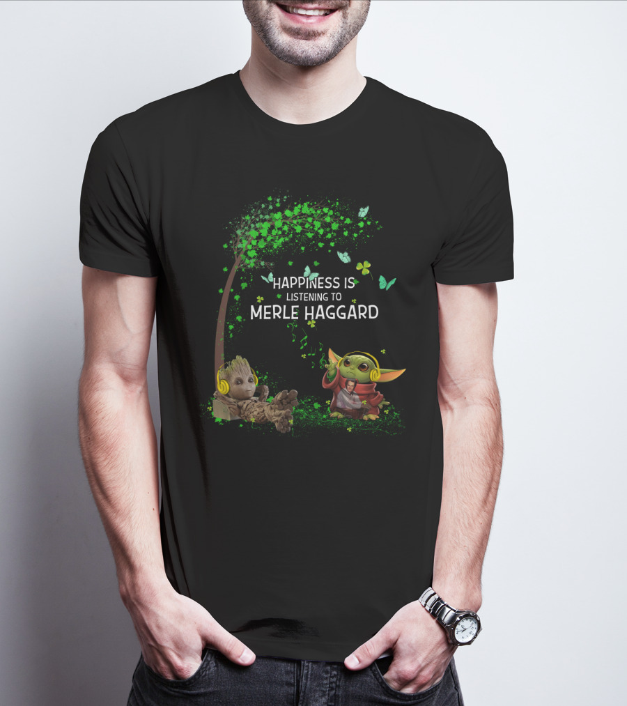 Happiness Is Listening To Merle Haggard With Headphone Characters And Green Leaves T-Shirt