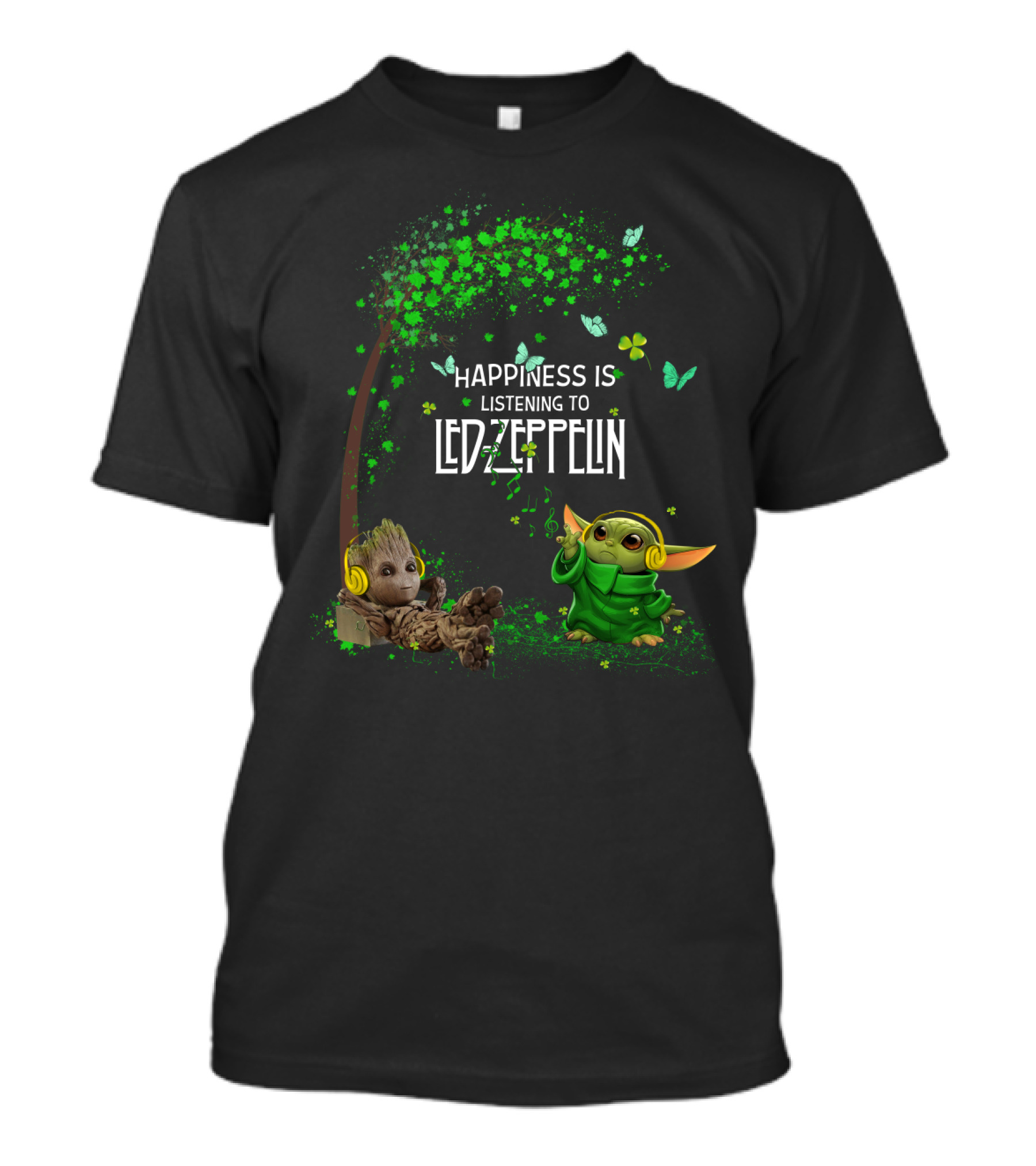 Happiness Is Listening To Led Zeppelin With Cute Characters And Green Butterflies T-Shirt