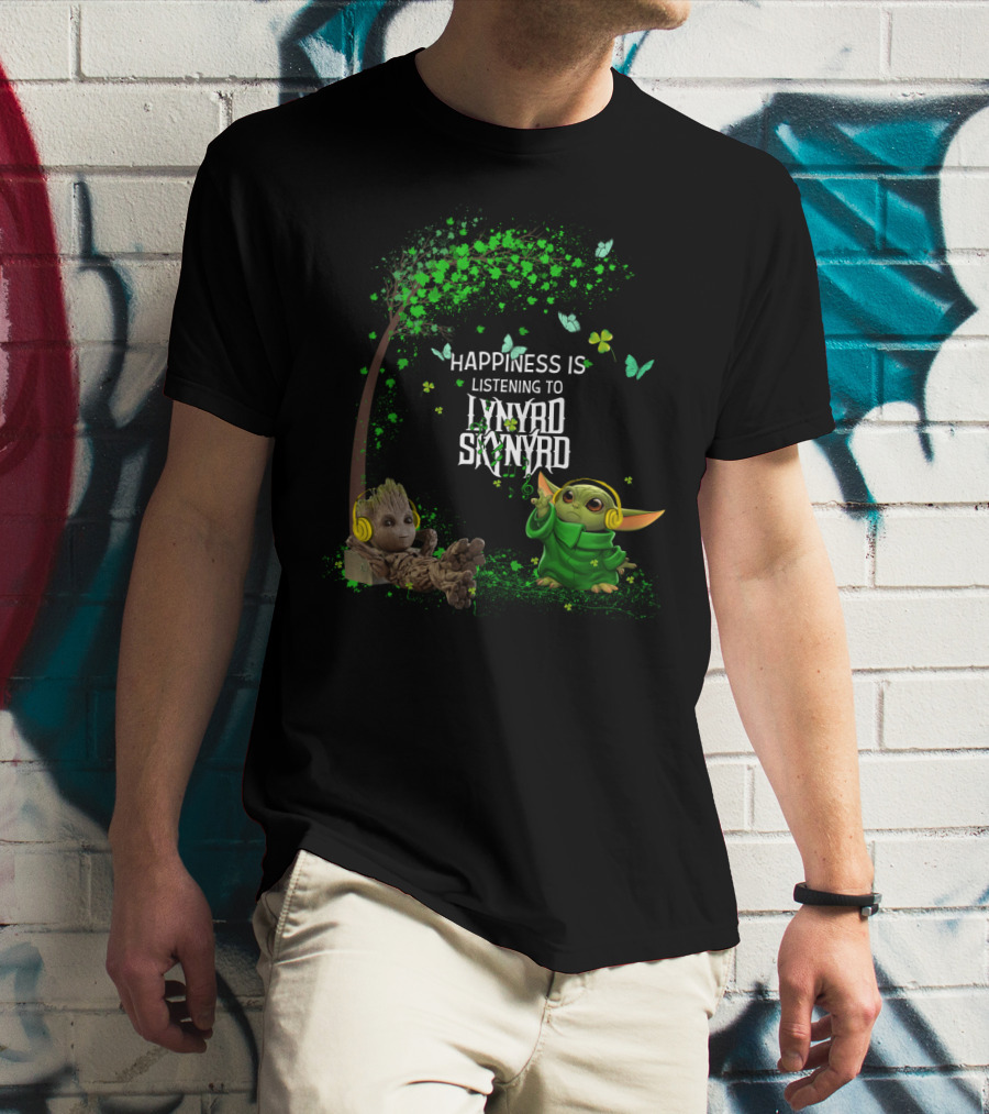 Happiness Is Listening To Lynyrd Skynyrd With Groot And Baby Yoda Under Tree With Butterflies T-Shirt