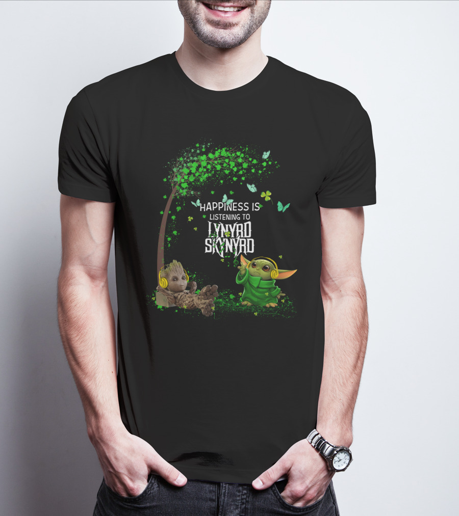 Happiness Is Listening To Lynyrd Skynyrd With Groot And Baby Yoda Under Tree With Butterflies T-Shirt