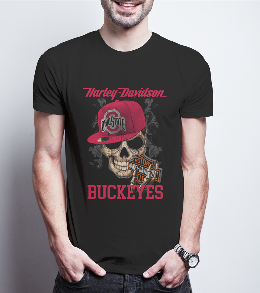 Harley Davidson Skull With Ohio State Buckeyes Cap And Motorcycle Elements T-Shirt