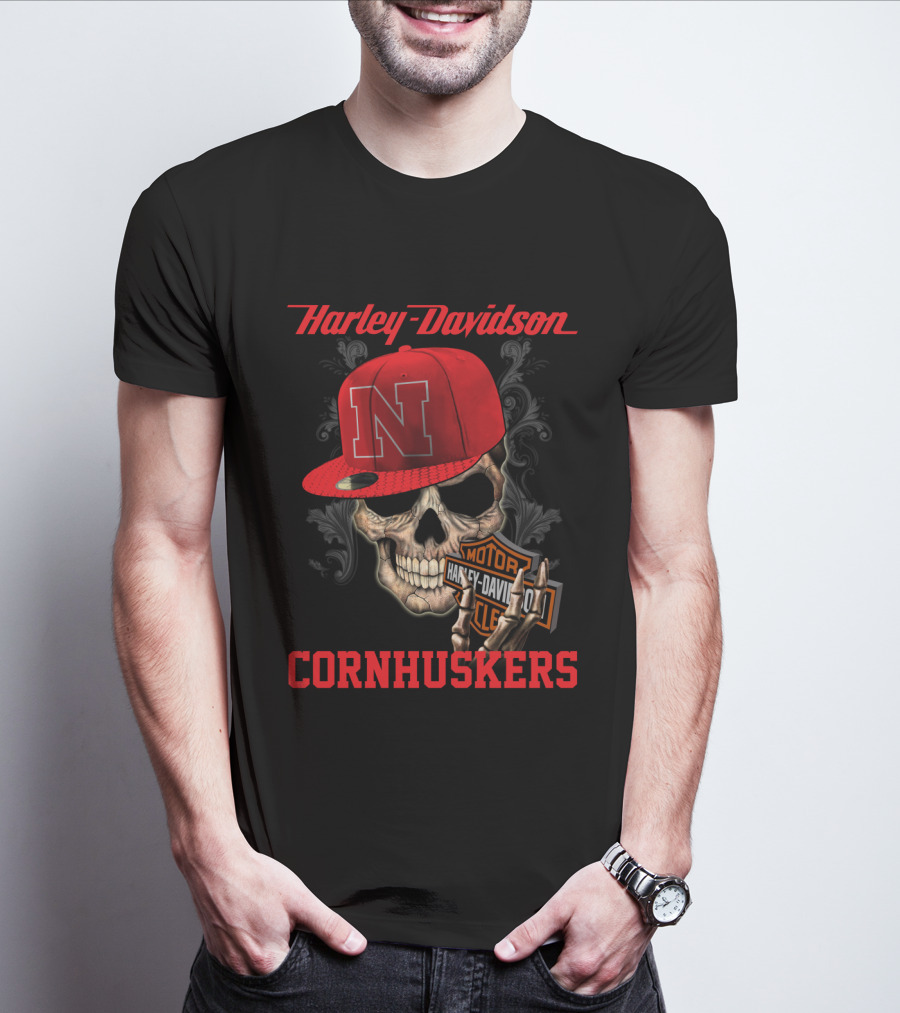 Harley Davidson Nebraska Cornhuskers Skull With Red N Cap T-Shirt