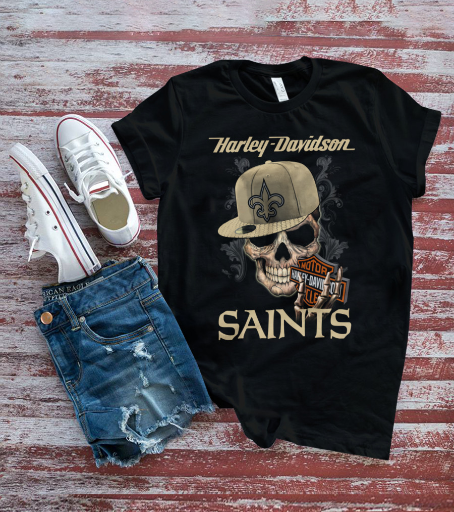 Harley Davidson Saints Skull New Orleans Fleur-De-Lis Moto T-Shirt