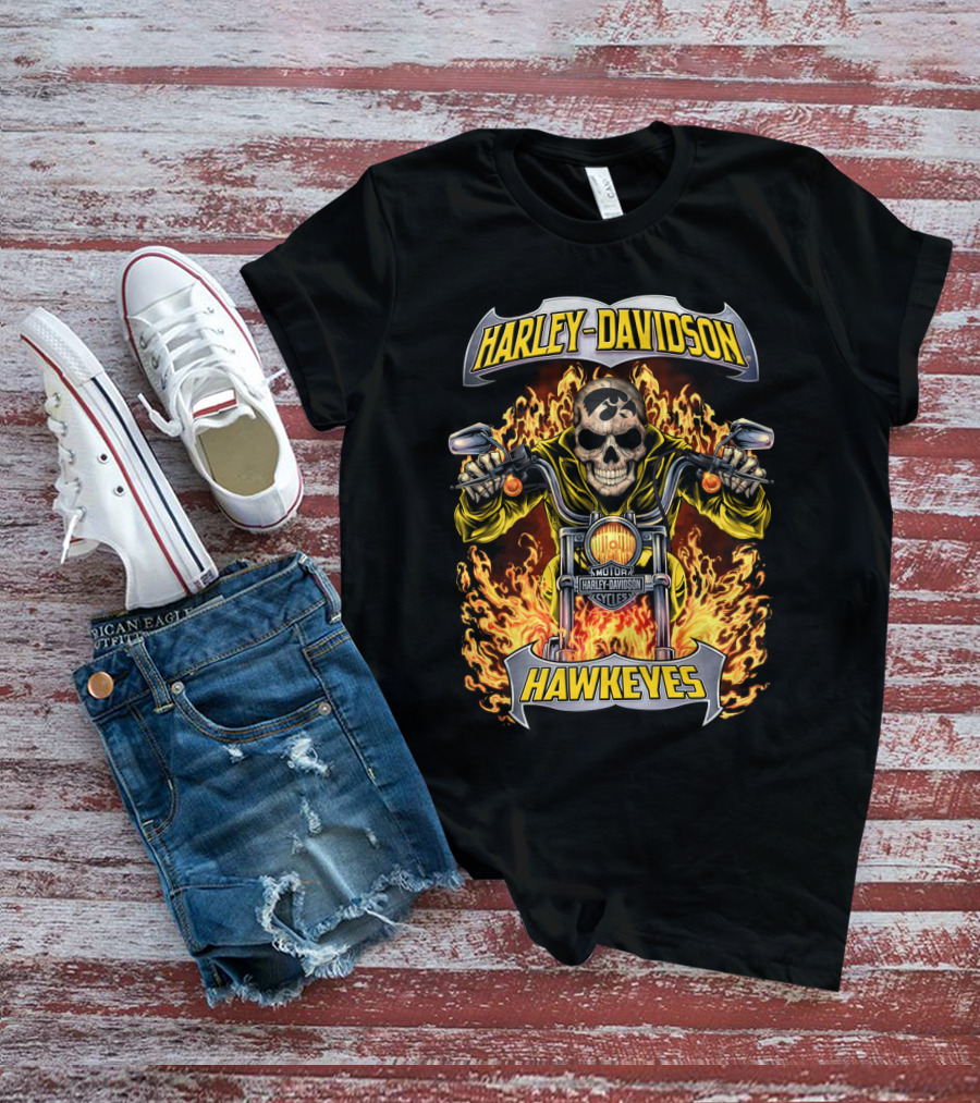 Harley Davidson Hawkeyes Iowa Ncaa Hl1502 Motorcycle Skull Flame T-Shirt