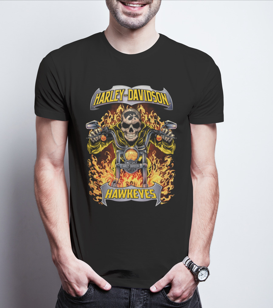 Harley Davidson Hawkeyes Iowa Ncaa Hl1502 Motorcycle Skull Flame T-Shirt