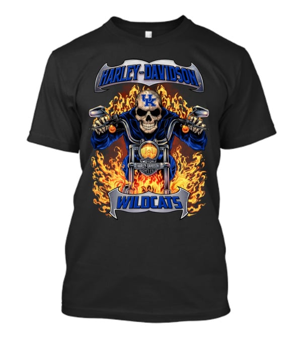 Harley Davidson Wildcats Kentucky Uk Motorcycle Flame Skull T-Shirt