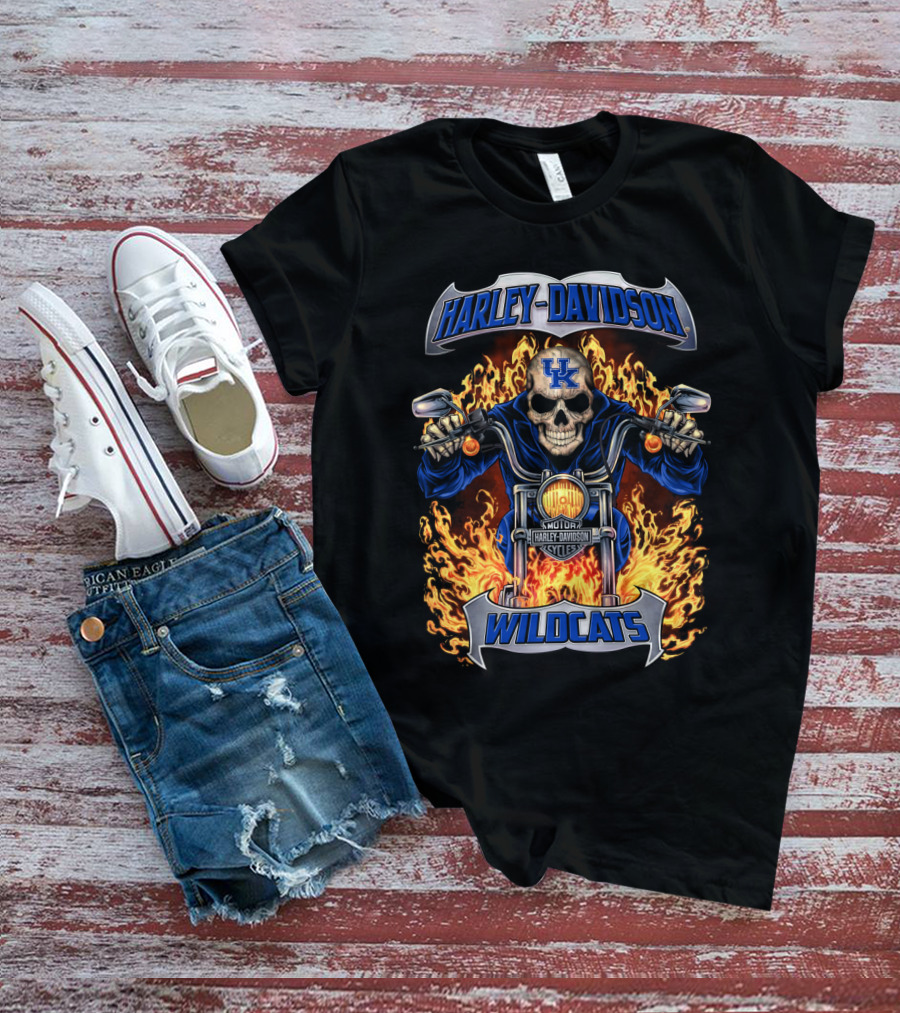 Harley Davidson Wildcats Kentucky Uk Motorcycle Flame Skull T-Shirt