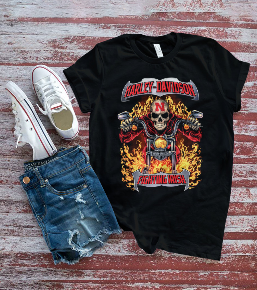 Harley Davidson Nebraska Cornhuskers Fighting Irish Skull On Fire T-Shirt