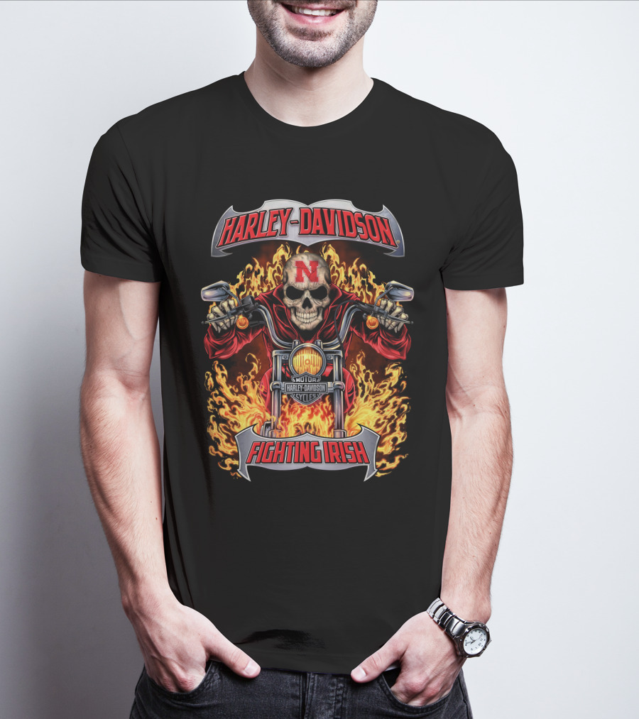 Harley Davidson Nebraska Cornhuskers Fighting Irish Skull On Fire T-Shirt