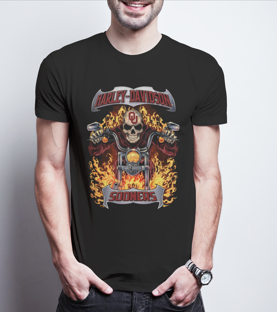Harley Davidson Sooners Ou Skull Motorcycle Flames T-Shirt