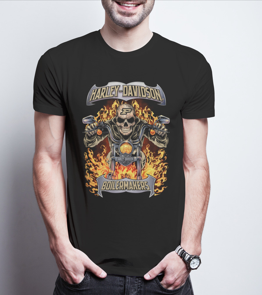 Harley Davidson Purdue Boilermakers Motorcycles Flame Skull T-Shirt