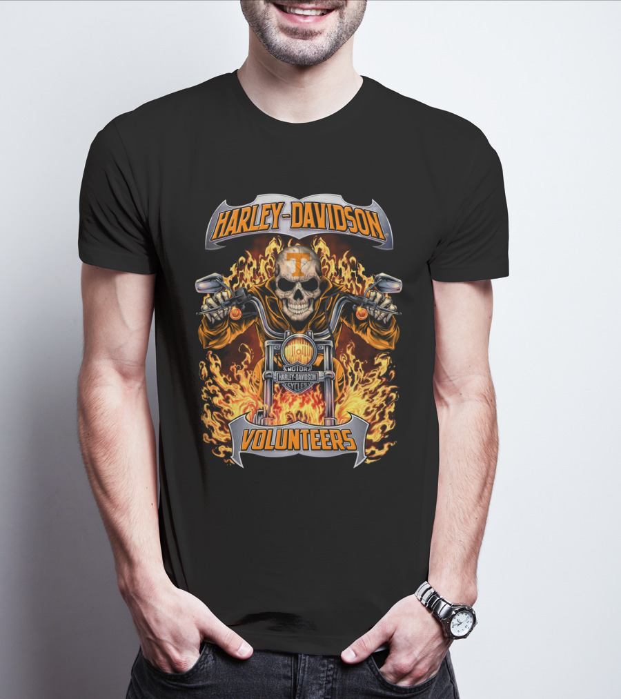 Harley Davidson Tennessee Volunteers Skull Motorcycle Flames T-Shirt