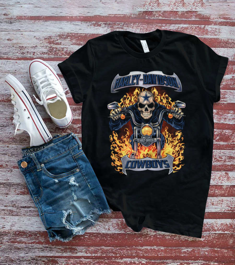Harley Davidson Cowboys Skull On Fire With Dallas Cowboys Star T-Shirt