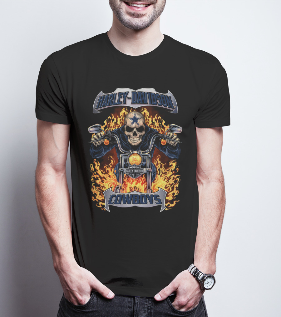 Harley Davidson Cowboys Skull On Fire With Dallas Cowboys Star T-Shirt