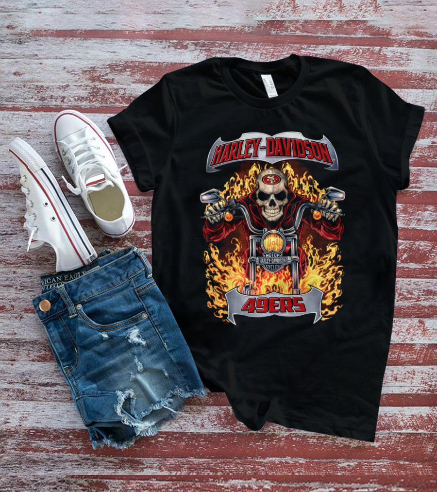 Harley Davidson San Francisco 49ers Skull Rider Flames Nfl 49ers T-Shirt