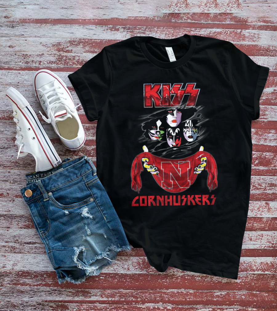 KISS Rock Band Faces With Nebraska Cornhuskers Red Scarf T-Shirt