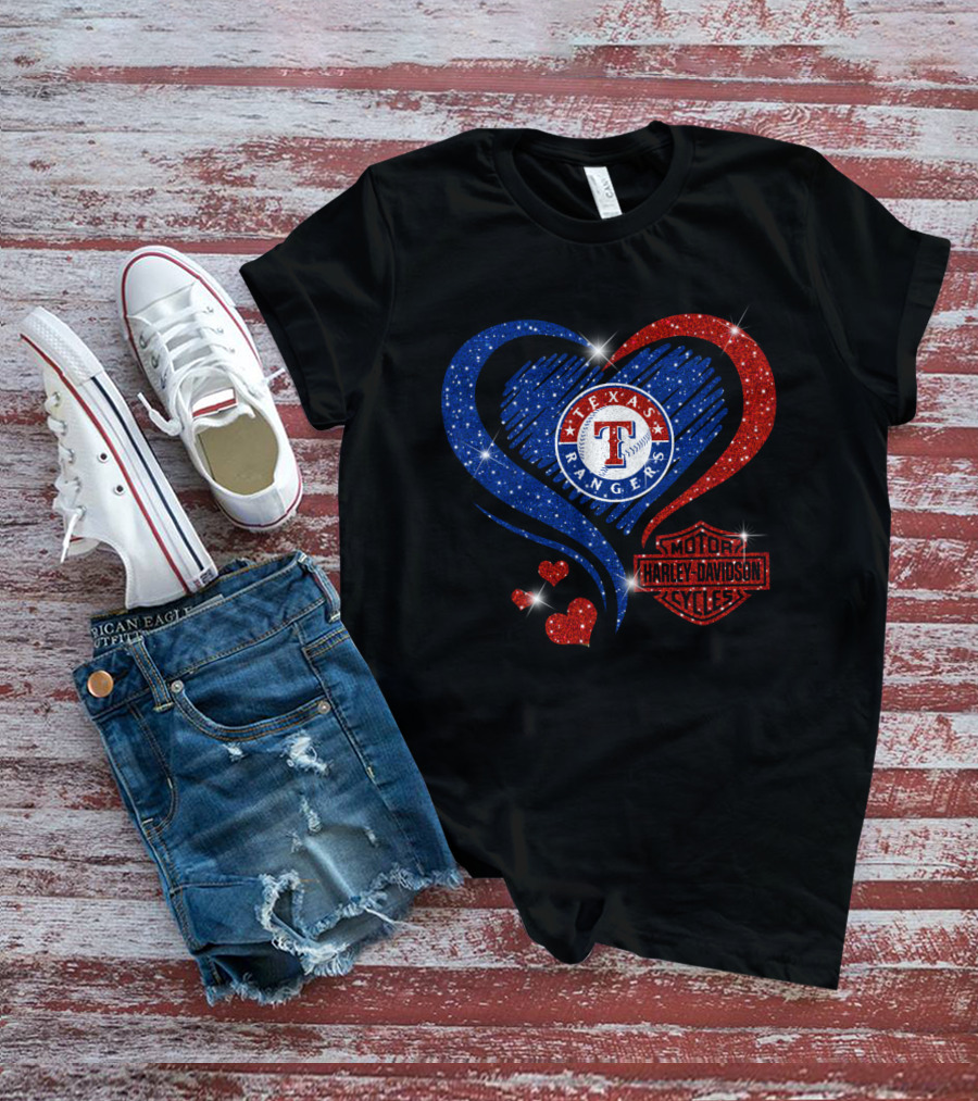 Texas Rangers Harley Davidson Heart Glitter T-Shirt