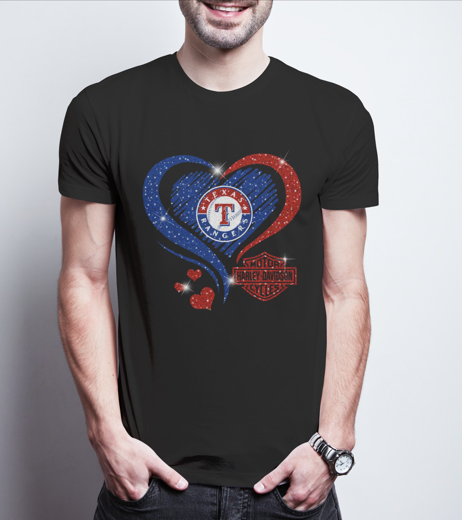 Texas Rangers Harley Davidson Heart Glitter T-Shirt