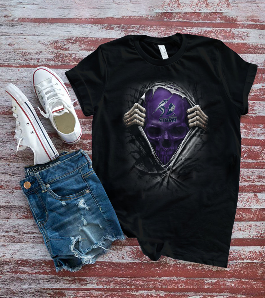 XA NRL Melbourne Storm Skull With Logo And Skeleton Hands T-Shirt