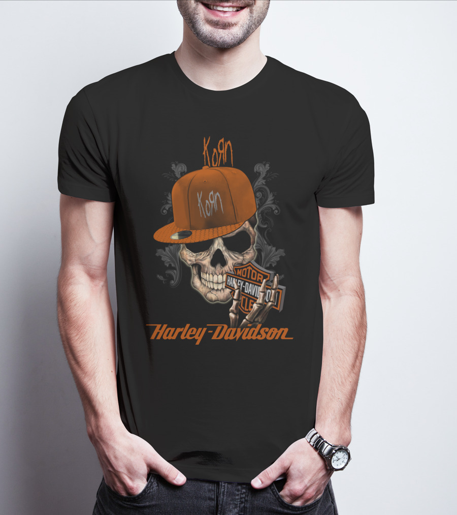 Korn Harley Davidson Skull With Orange Cap T-Shirt