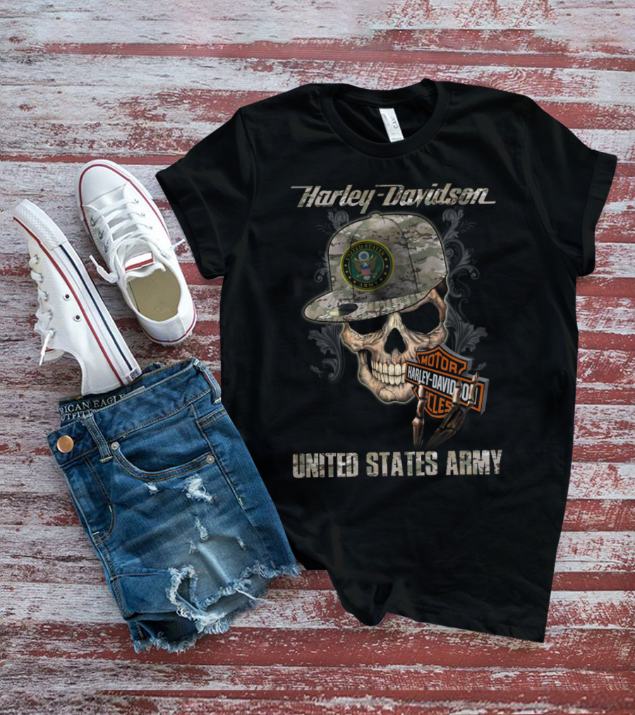 Harley Davidson United States Army Skull With Camo Cap And Motorcycles Badge T-Shirt