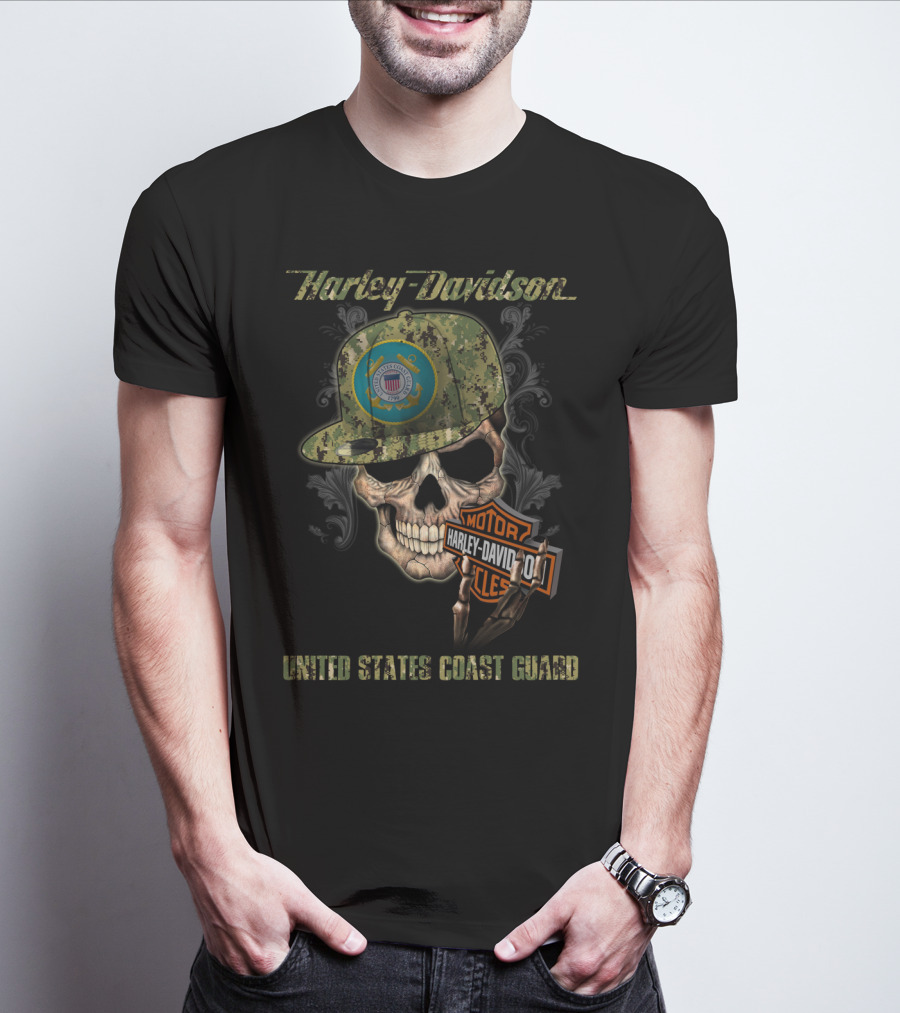 Harley Davidson United States Coast Guard Skull With Camo Cap T-Shirt