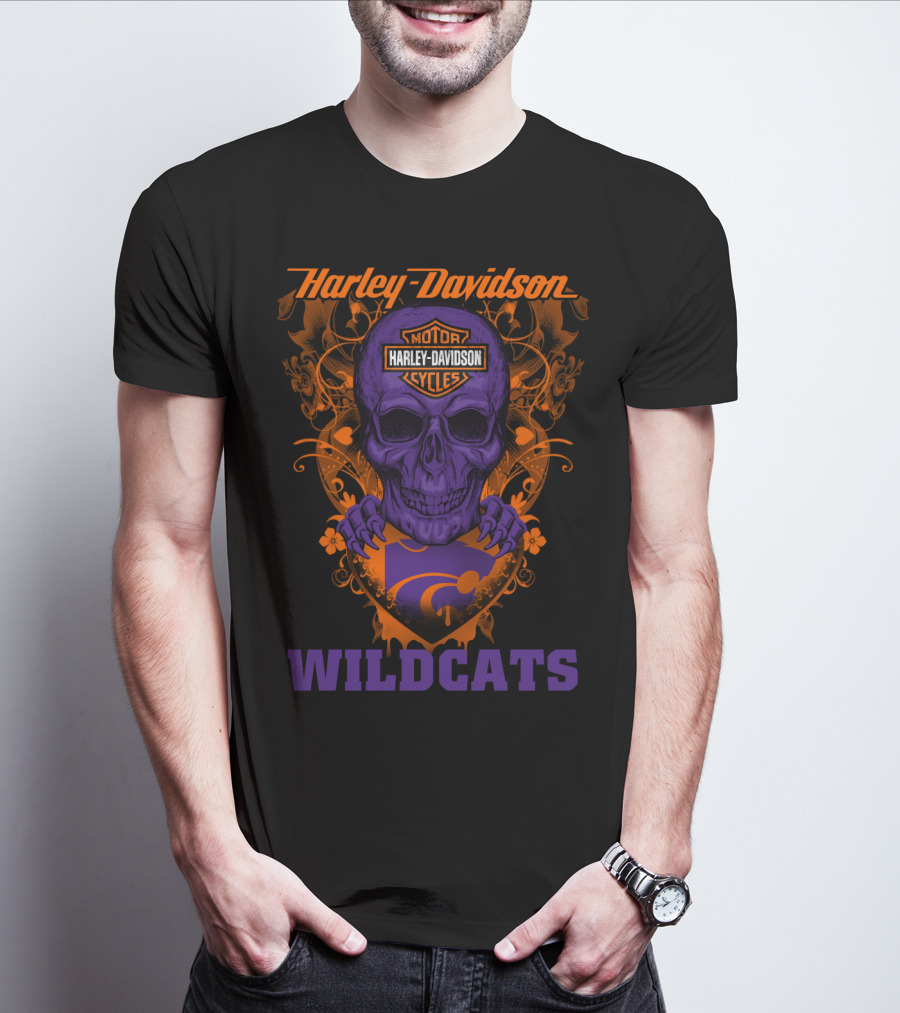 Harley Davidson Motor Cycles Kansas State Wildcats Skull T-Shirt