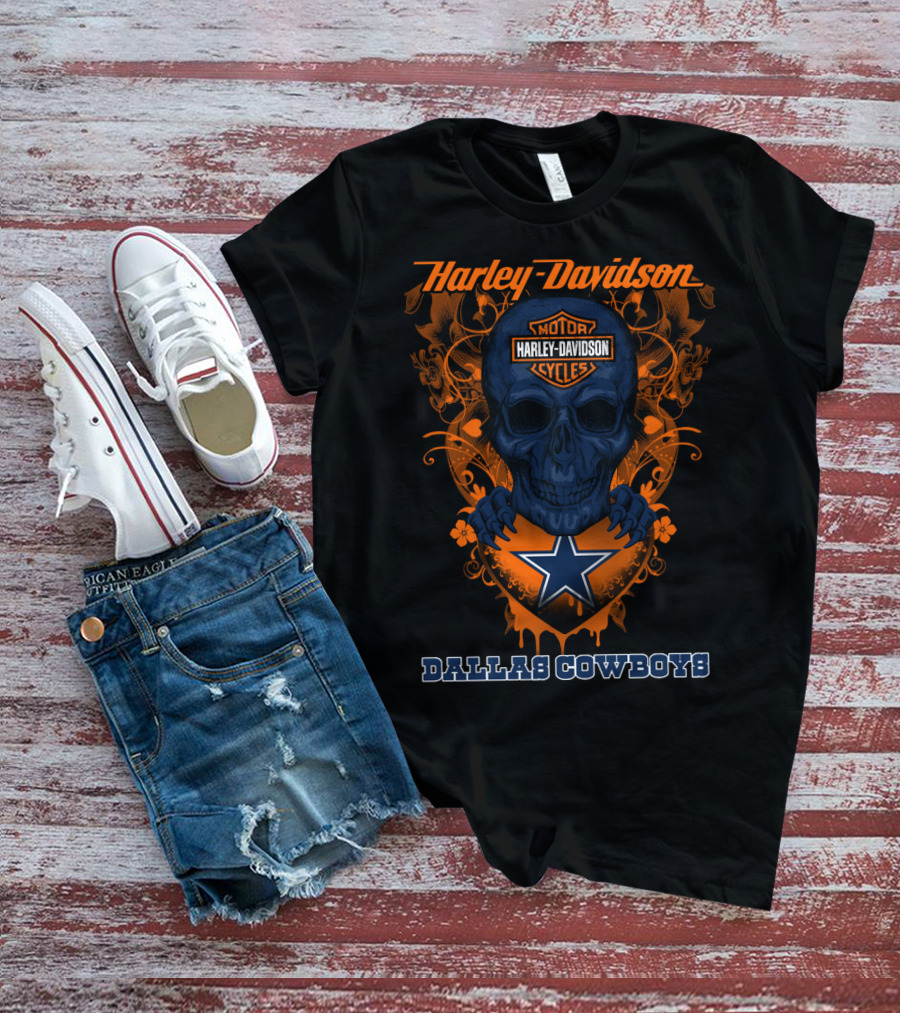 Harley Davidson Skull And Dallas Cowboys Blue Star T-Shirt