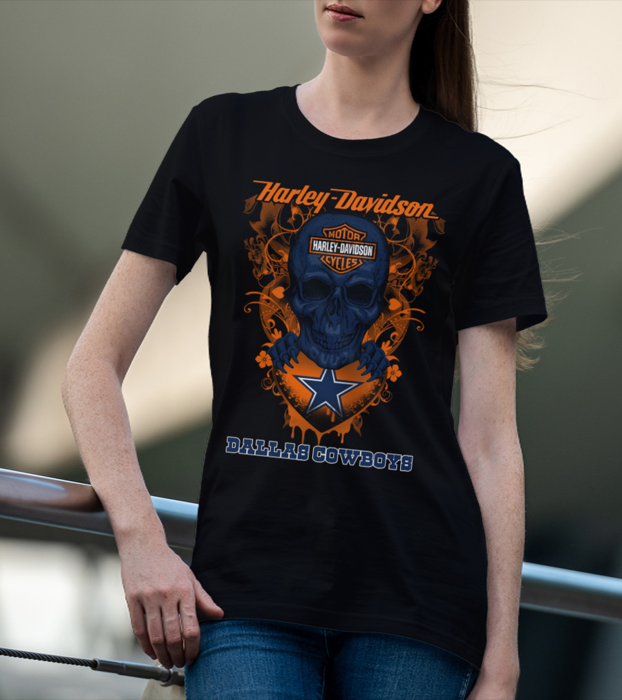 Harley Davidson Skull And Dallas Cowboys Blue Star T-Shirt