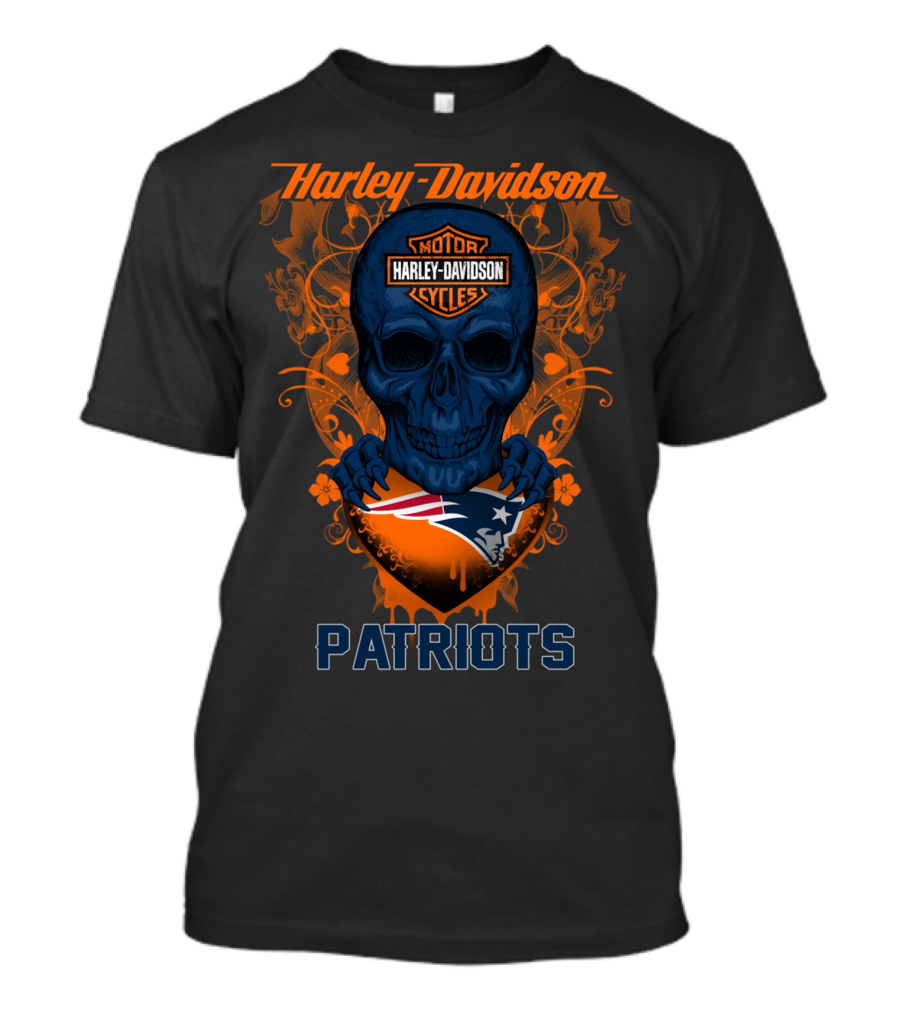 Harley Davidson Motorcycles Skull New England Patriots T-Shirt