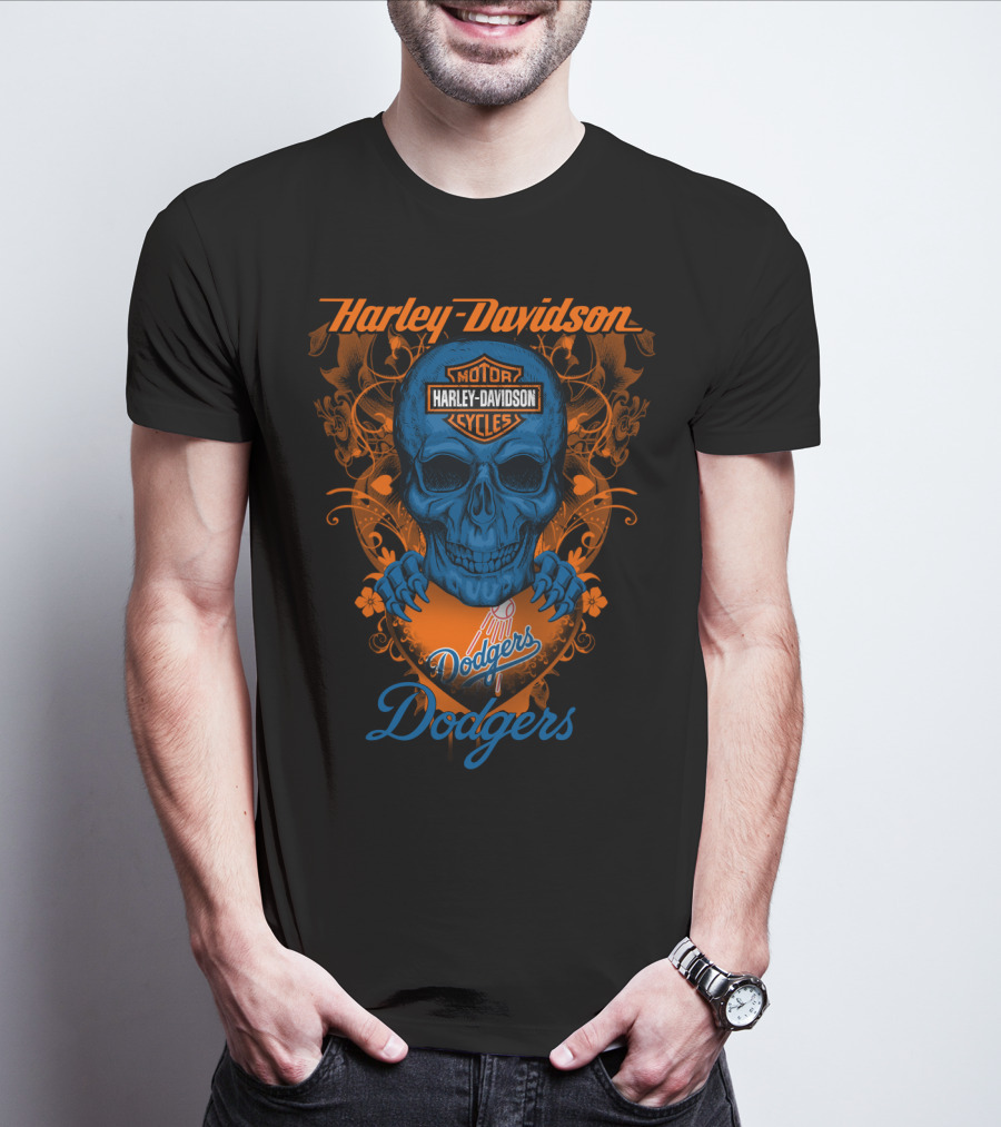 Harley Davidson Motor Cycles Skull Dodgers Los Angeles Baseball T-Shirt