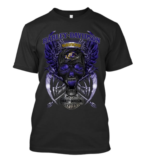 Harley Davidson Ravens Baltimore Skull Wings Motorcycle Cycles T-Shirt