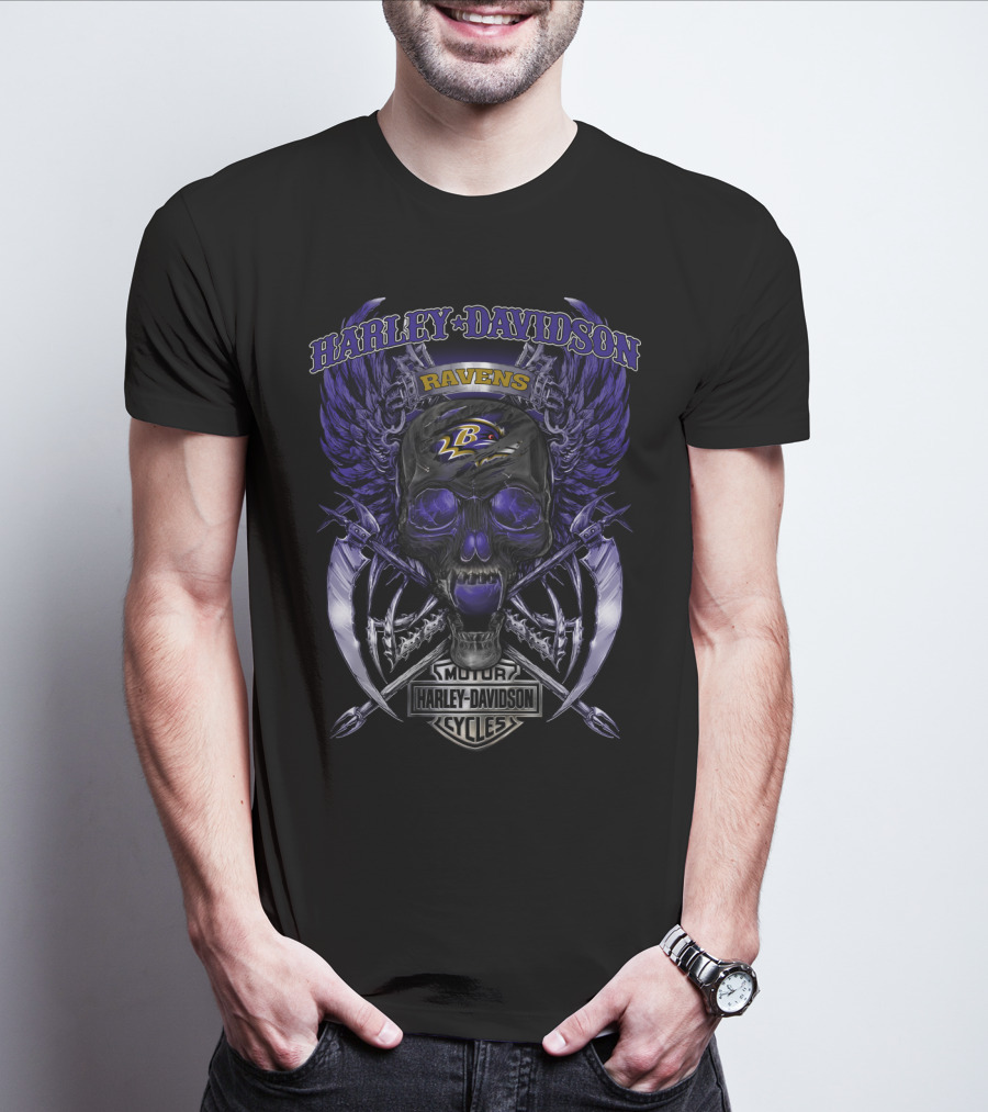 Harley Davidson Ravens Baltimore Skull Wings Motorcycle Cycles T-Shirt