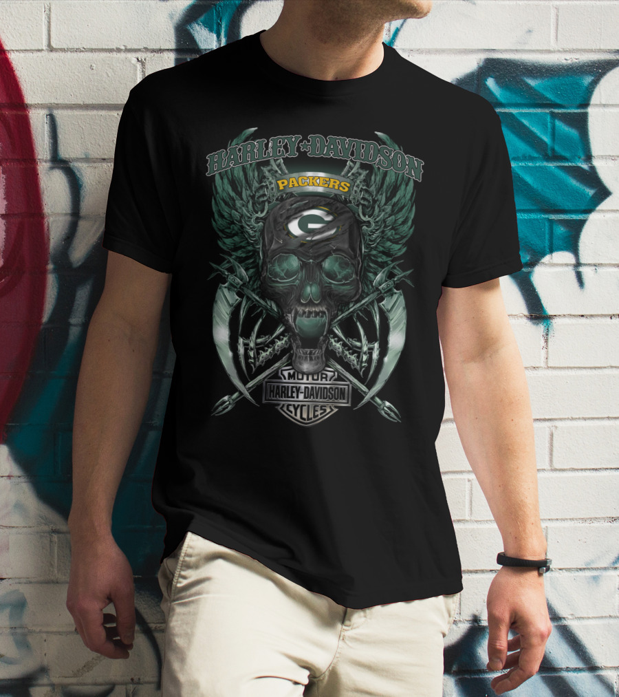 Harley Davidson Motor Cycles Packers Skull Wings Green Bay T-Shirt