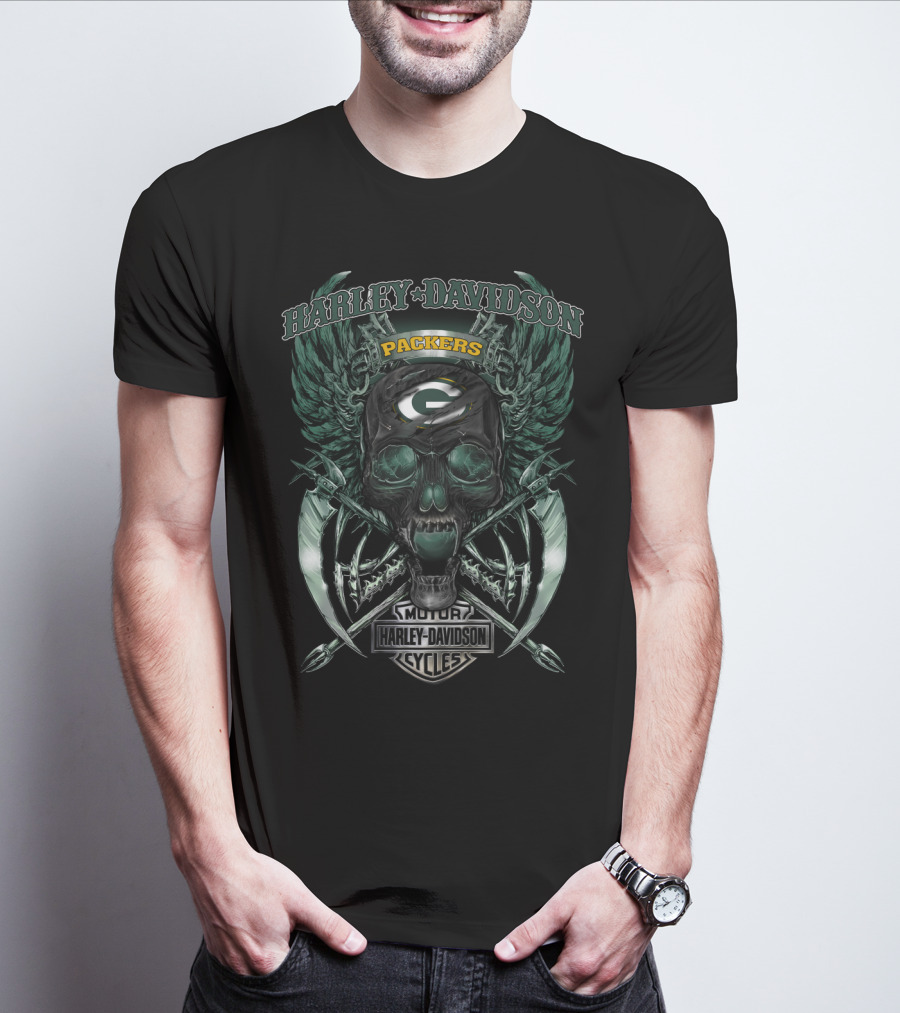 Harley Davidson Motor Cycles Packers Skull Wings Green Bay T-Shirt
