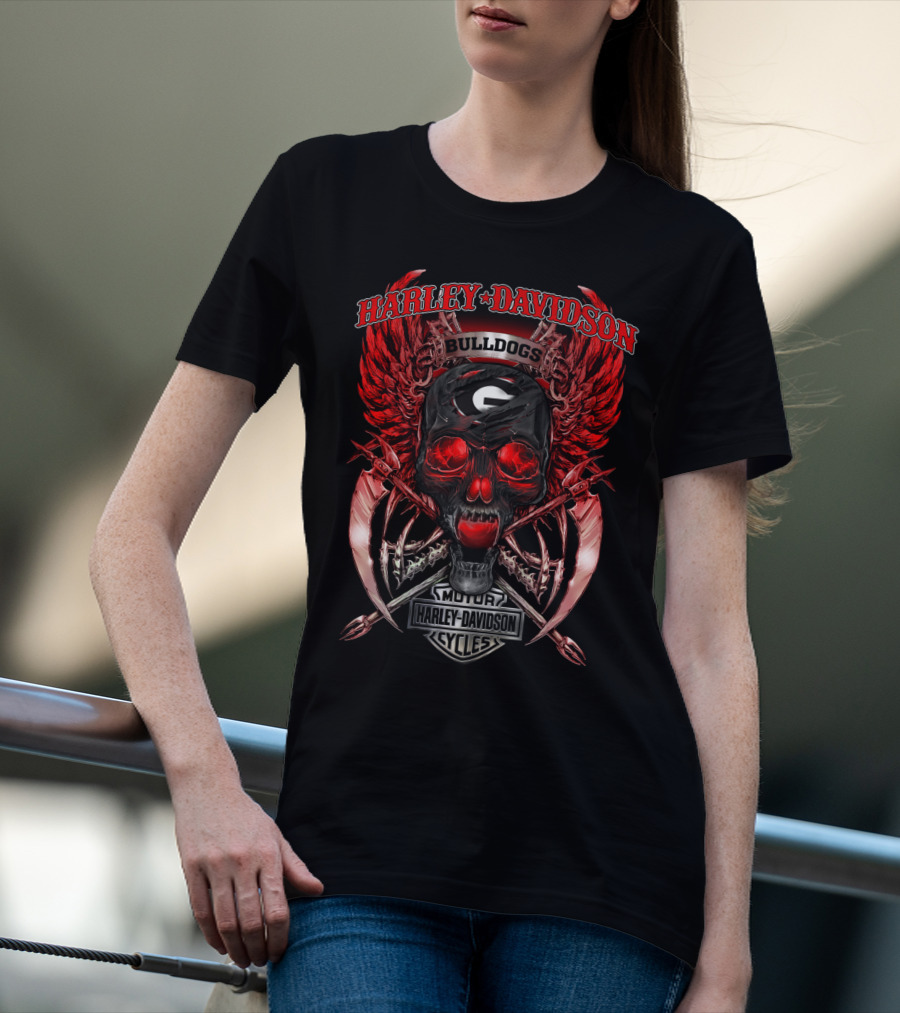 Harley Davidson Georgia Bulldogs Skull Wings Motor Cycles T-Shirt