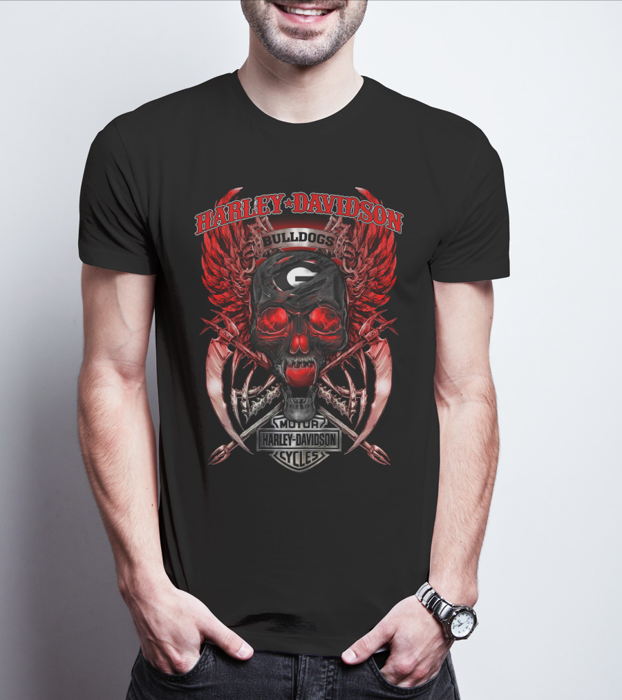 Harley Davidson Georgia Bulldogs Skull Wings Motor Cycles T-Shirt