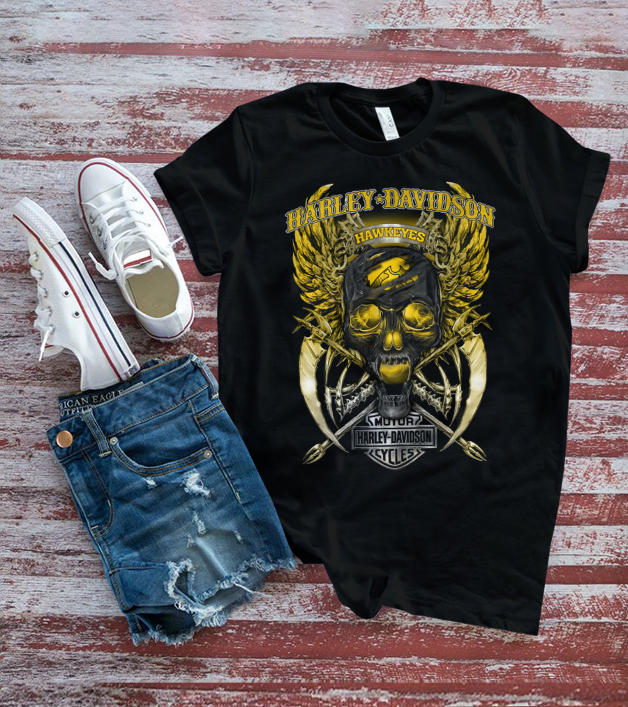 Harley Davidson Hawkeyes Motor Cycles Skull T-Shirt