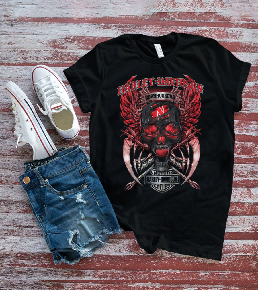 Harley Davidson Nebraska Cornhuskers N Skull Wings T-Shirt
