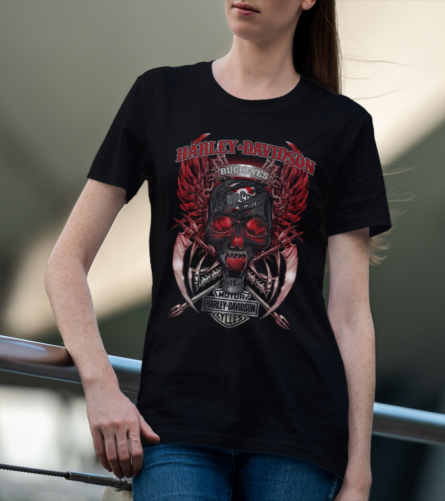 Harley Davidson Ohio State Buckeyes Skull Wings Logo Motor Cycles T-Shirt