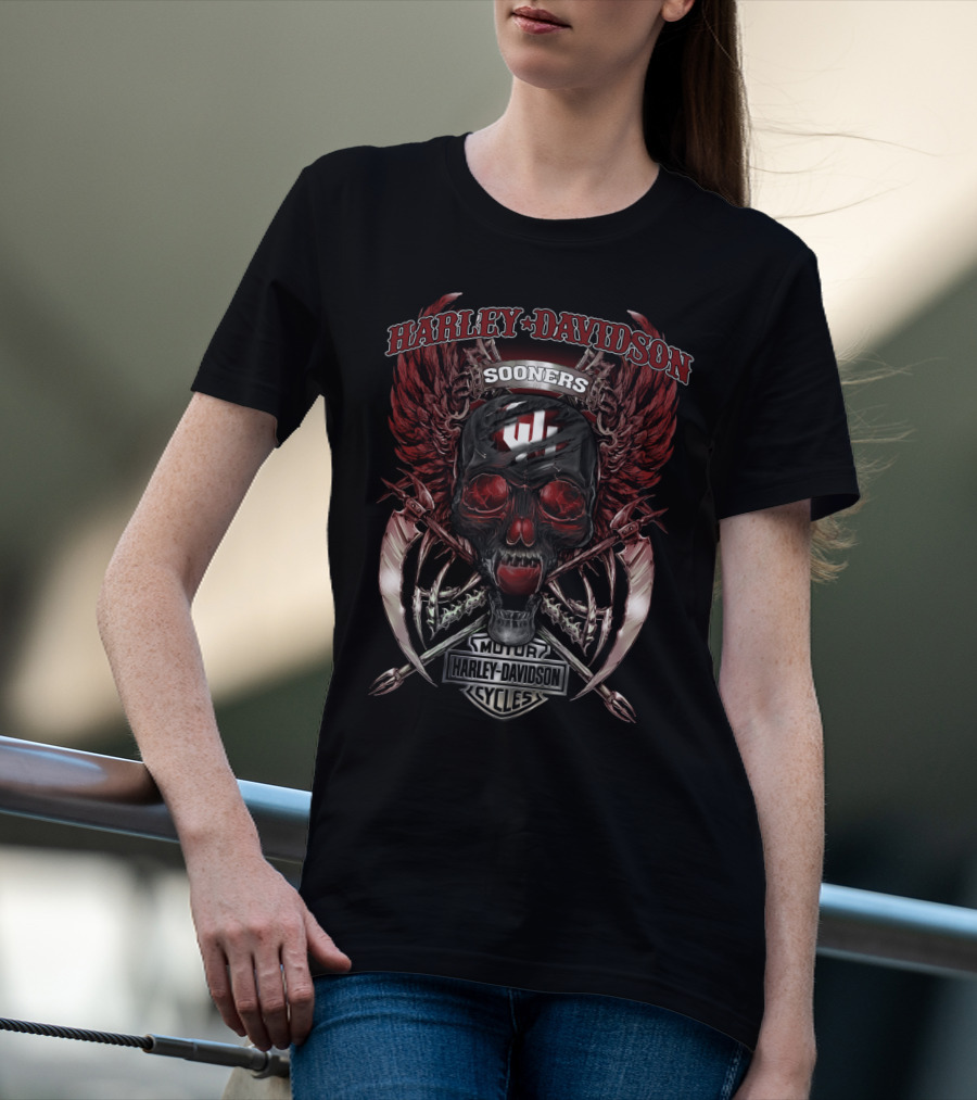 Harley Davidson Sooners Motor Cycles Skull Wings T-Shirt