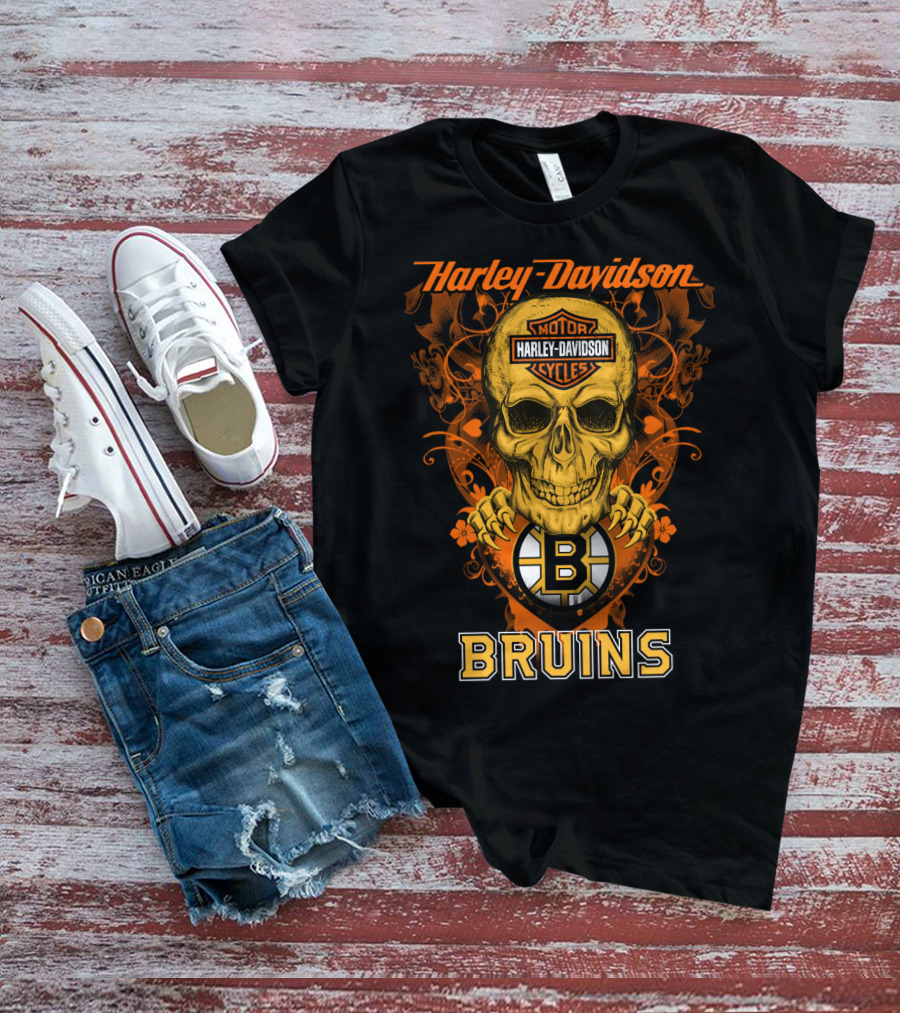 Harley Davidson Motor Cycles Skull Boston Bruins Nhl T-Shirt