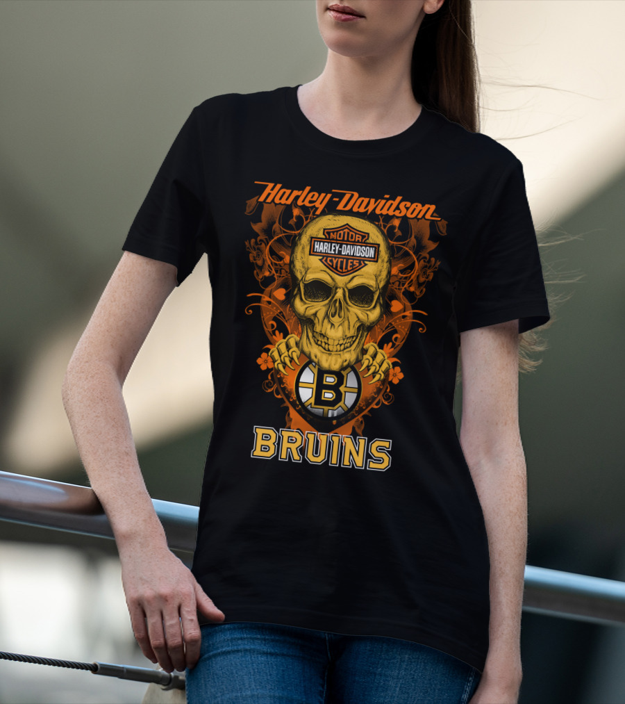 Harley Davidson Motor Cycles Skull Boston Bruins Nhl T-Shirt