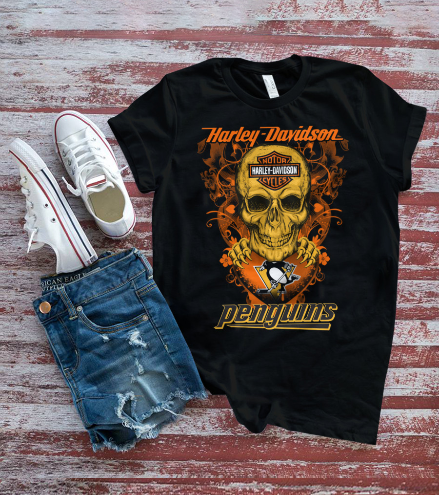 Harley Davidson Motor Cycles Skull Penguins Nhl Pittsburgh T-Shirt