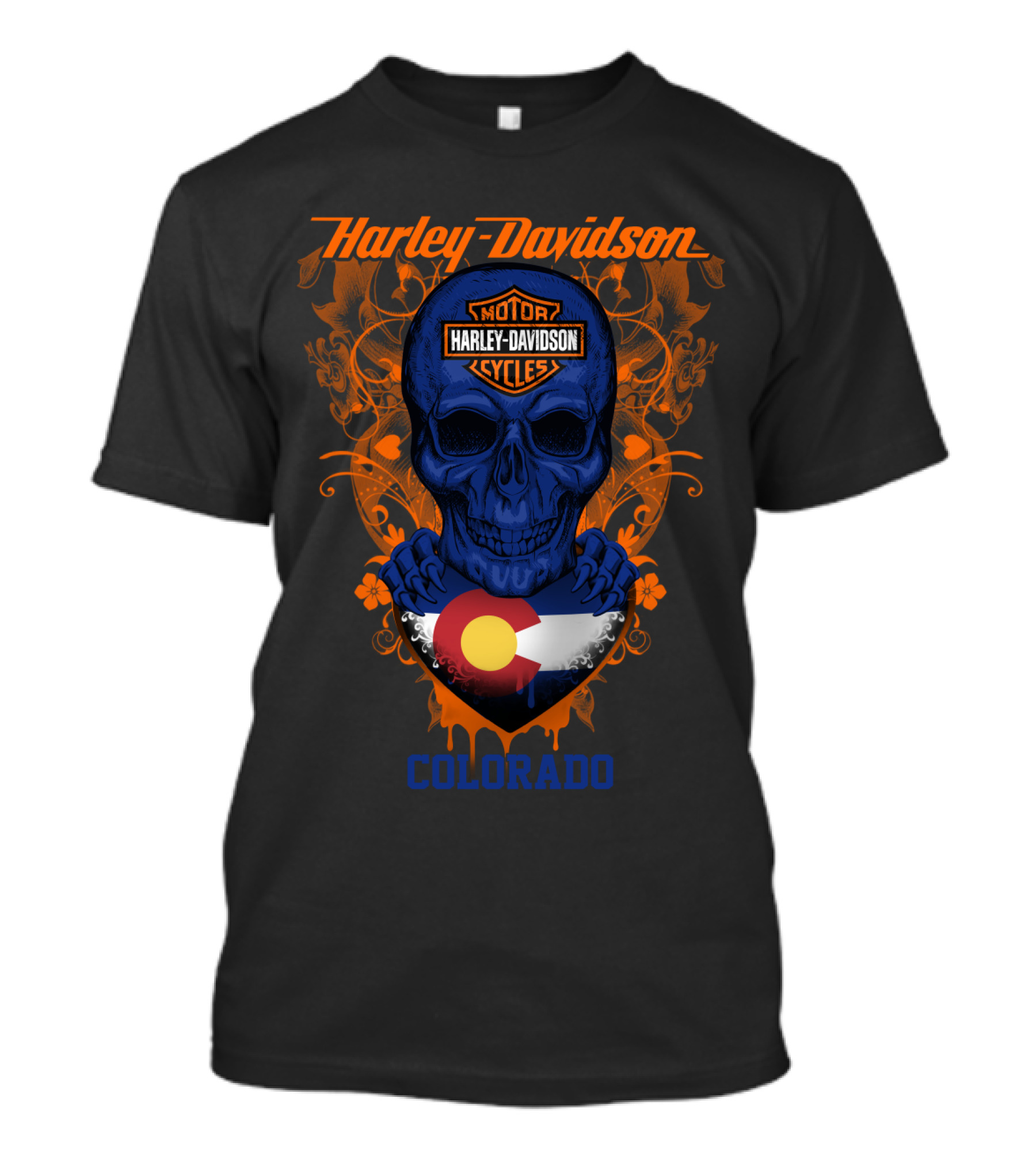 Harley Davidson Motorcycles Blue Skull Colorado Flag T-Shirt