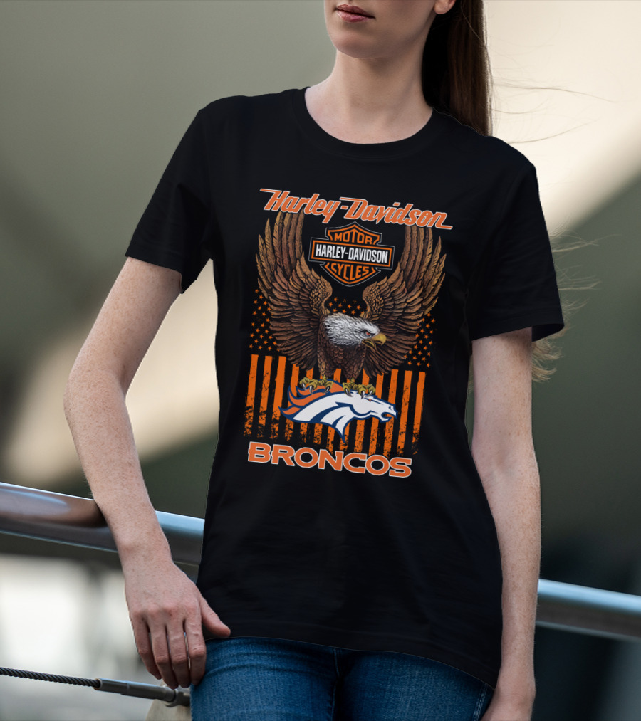 Harley Davidson Motor Cycles Denver Broncos Eagle American Flag T-Shirt