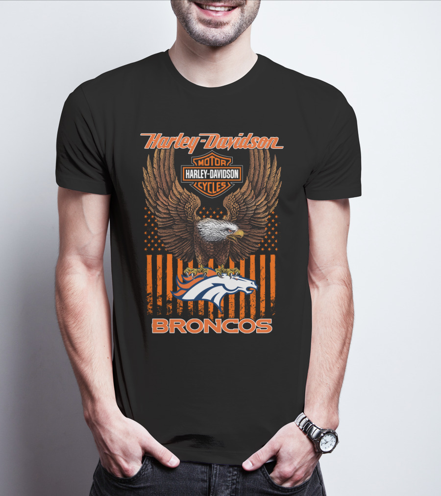 Harley Davidson Motor Cycles Denver Broncos Eagle American Flag T-Shirt