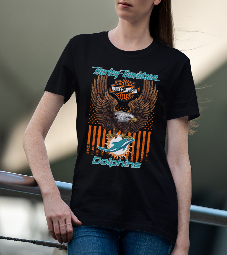 Harley Davidson Motor Cycles Miami Dolphins Eagle Stars Stripes T-Shirt