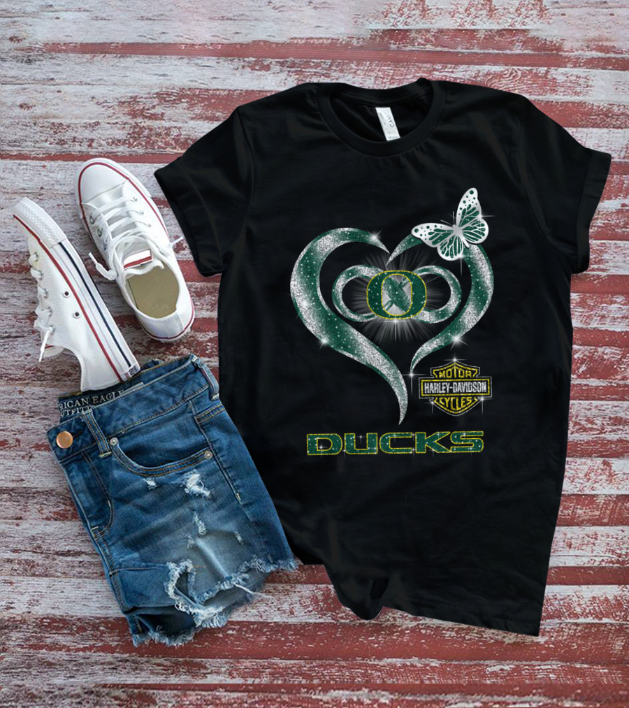 Hlh01 Oregon Ducks Harley Davidson Heart Butterfly T-Shirt